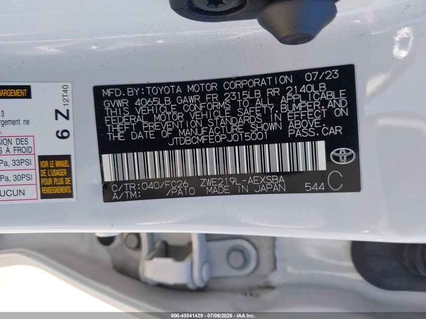 2023 Toyota Corolla VIN JTDBCMFE0PJ015001 IAAI salvage auction — FRONT & REAR, Salvage Title, sold $8,400 on 2026-07-23 (photo 9)
