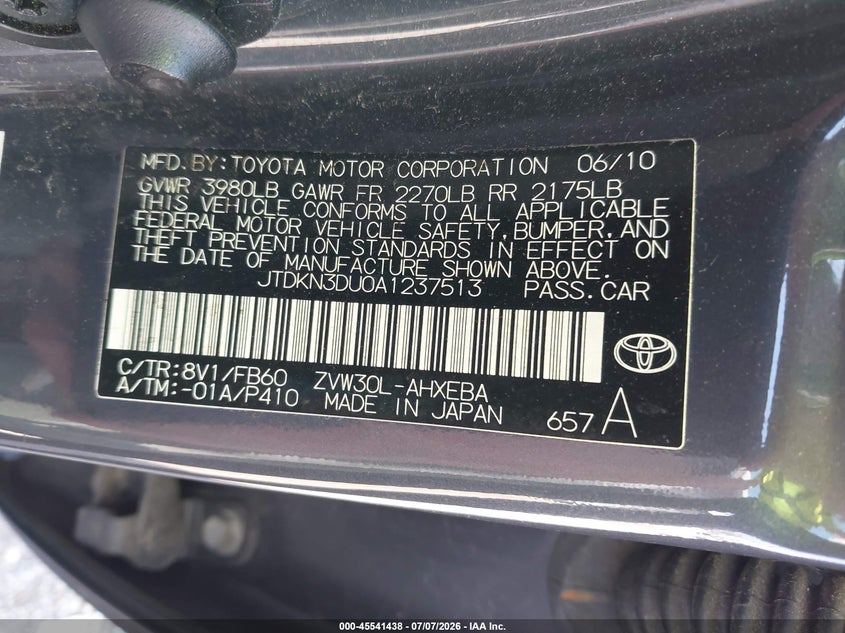 2010 Toyota Prius VIN JTDKN3DU0A1237513 IAAI salvage auction — NORMAL WEAR, Clear (Illinois), sold $2,600 on 2026-07-15 (photo 9)