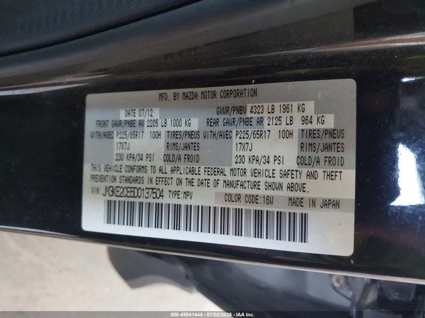 2013 Mazda Cx-5 VIN JM3KE2CE6D0137504 IAAI salvage auction — NORMAL WEAR, Clear (Virginia), sold $3,200 on 2026-07-10 (photo 9)