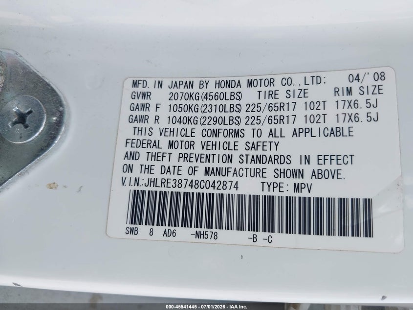 2008 Honda Cr-v VIN JHLRE38748C042874 IAAI salvage auction — NORMAL WEAR, Clear (Tennessee), sold $1,450 on 2026-07-07 (photo 9)