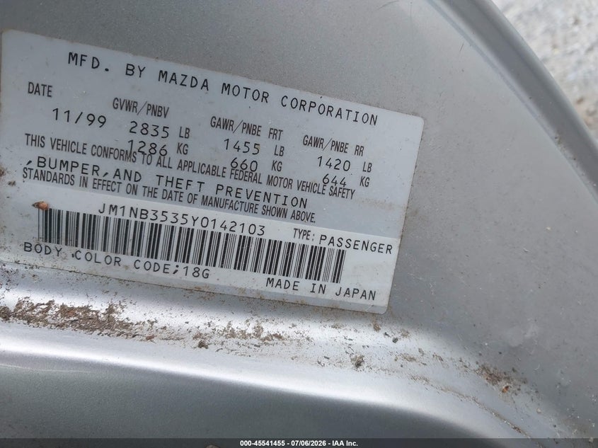2000 Mazda Mx-5 miata VIN JM1NB3535Y0142103 IAAI salvage auction — NORMAL WEAR, Clear (Georgia), sold $200 on 2026-07-14 (photo 9)