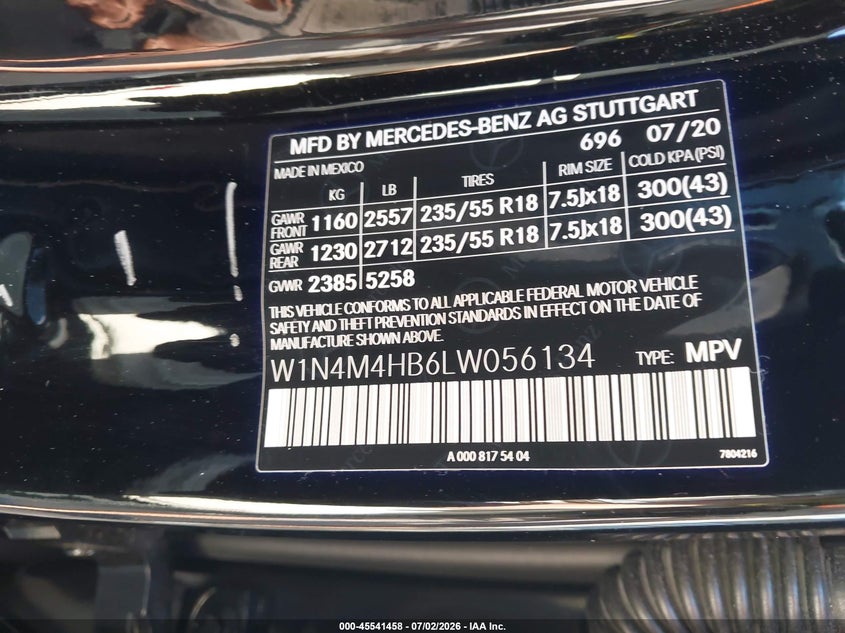 2020 Mercedes-benz Glb-class VIN W1N4M4HB6LW056134 IAAI salvage auction — REAR END, Salvage (Massachusetts), sold $8,100 on 2026-07-30 (photo 9)