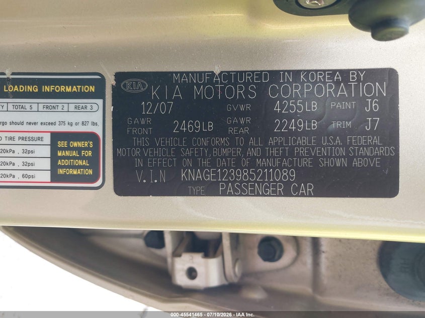 2008 Kia Optima VIN KNAGE123985211089 IAAI salvage auction — NORMAL WEAR, Original (Ohio), sold $1,000 on 2026-07-30 (photo 9)