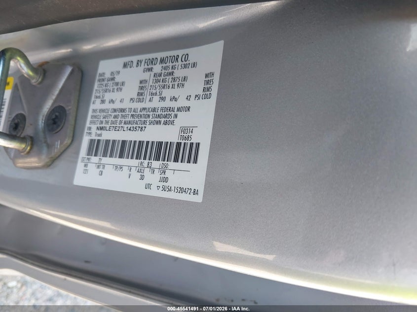 2020 Ford Transit connect VIN NM0LE7E27L1435787 IAAI salvage auction — NORMAL WEAR, Sf97 (Maryland), sold $16,850 on 2026-08-18 (photo 9)