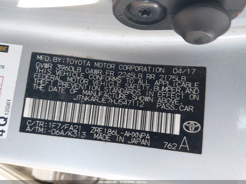 2017 Toyota Corolla VIN JTNKARJE7HJ547112 IAAI salvage auction — FRONT END, Salvage (North Carolina), sold $3,550 on 2026-07-17 (photo 9)