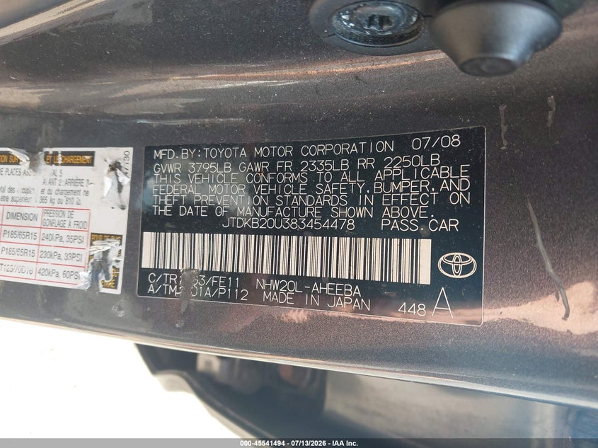 2008 Toyota Prius VIN JTDKB20U383454478 IAAI salvage auction — NORMAL WEAR, Clear (New York), sold $425 on 2026-07-28 (photo 9)