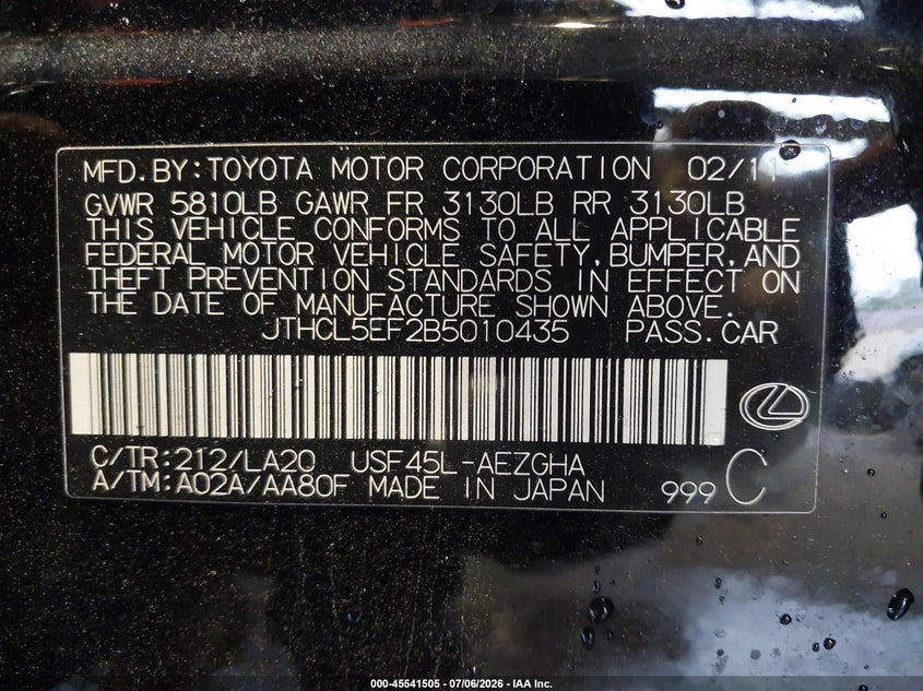 2011 Lexus Ls 460 VIN JTHCL5EF2B5010435 IAAI salvage auction — RIGHT FRONT, Salvage (Florida), sold $50 on 2026-07-28 (photo 9)