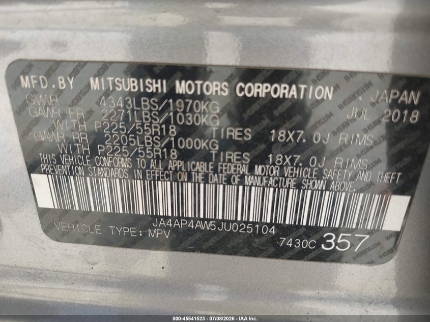 2018 Mitsubishi Outlander VIN JA4AP4AW5JU025104 IAAI salvage auction — REPOSSESSION, Original (Texas), sold $1,550 on 2026-07-29 (photo 9)