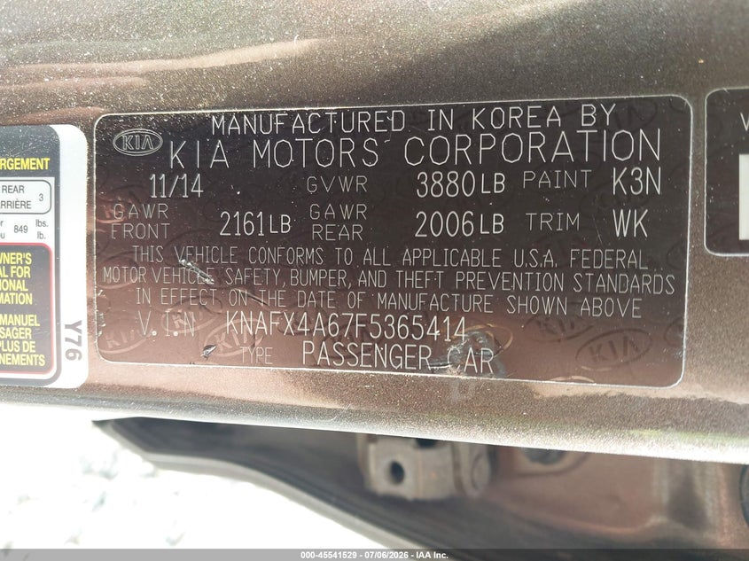 2015 Kia Forte VIN KNAFX4A67F5365414 IAAI salvage auction — RIGHT SIDE, Salvage (Ohio), sold $550 on 2026-07-19 (photo 9)