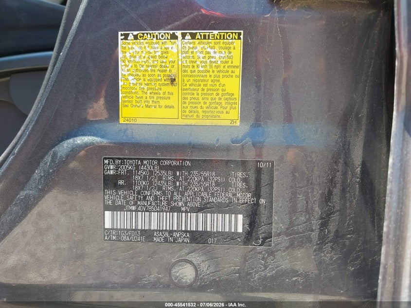 2011 Toyota Rav4 VIN JTMWF4DV7B5041947 IAAI salvage auction — FRONT END, Clear (Wisconsin), sold $1,850 on 2026-07-23 (photo 9)