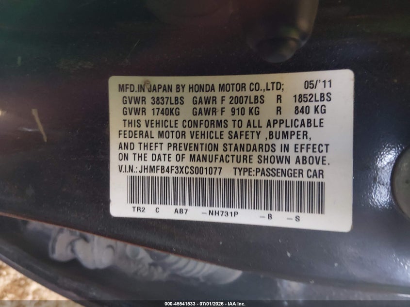 2012 Honda VIN JHMFB4F3XCS001077 IAAI salvage auction — NORMAL WEAR, Salvage (Arizona), sold $400 on 2026-07-28 (photo 9)