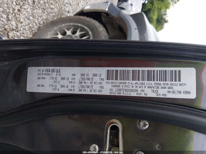 2016 Ram 1500 VIN 1C6RR7SM6GS386340 IAAI salvage auction — ROOF, Salvage Title, sold $3,500 on 2026-09-17 (photo 9)