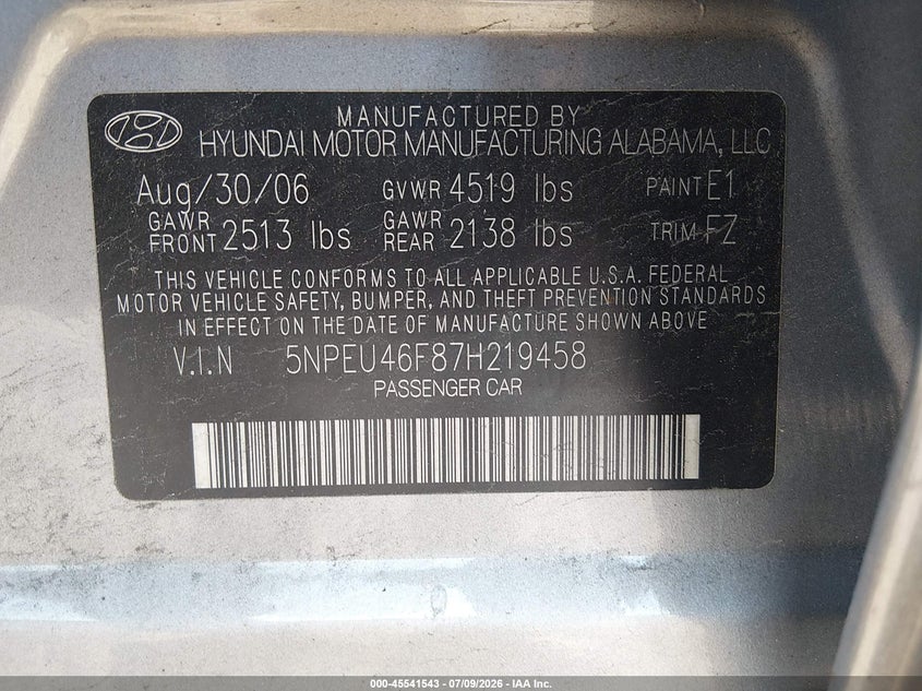 2007 Hyundai Sonata VIN 5NPEU46F87H219458 IAAI salvage auction — SIDE, Clear (Massachusetts), sold $25 on 2026-07-22 (photo 9)