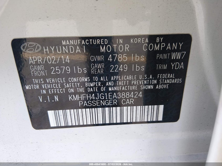 2014 Hyundai Azera VIN KMHFH4JG1EA388424 IAAI salvage auction — NORMAL WEAR, Clear (South Carolina), sold $1,000 on 2026-07-15 (photo 9)