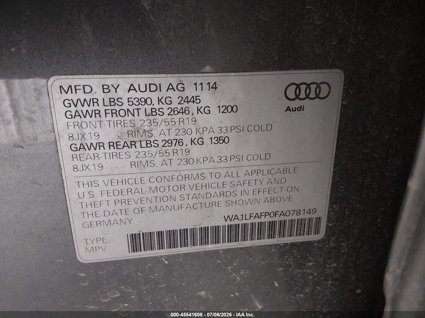 2015 Audi Q5 VIN WA1LFAFP0FA078149 IAAI salvage auction — NORMAL WEAR, Original (Alaska), sold $25 on 2026-07-24 (photo 9)