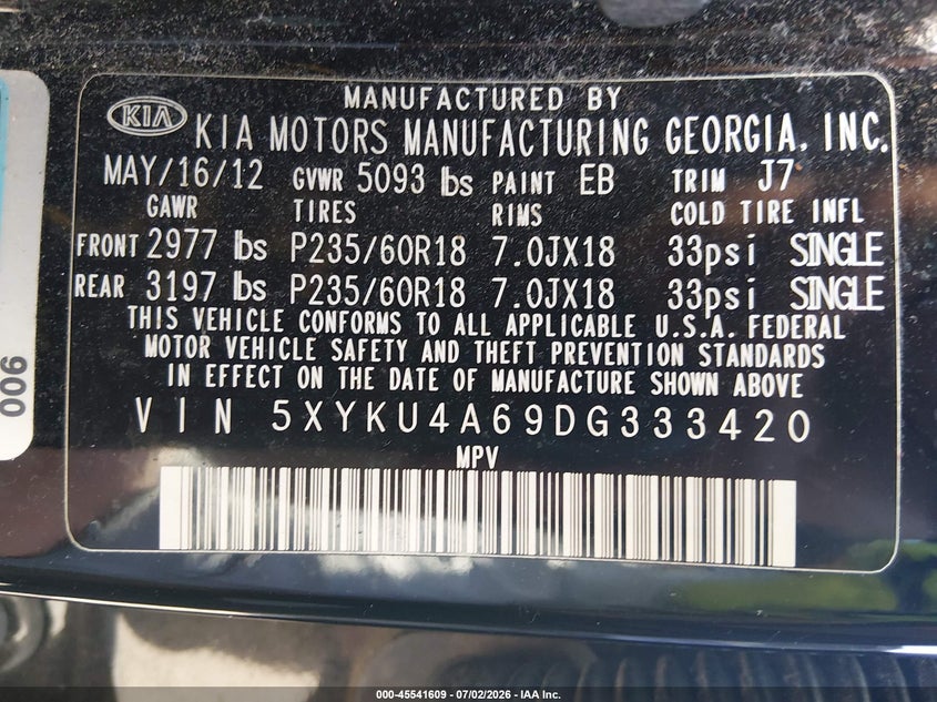 2013 Kia Sorento VIN 5XYKU4A69DG333420 IAAI salvage auction — NORMAL WEAR, Clear (North Carolina), sold $675 on 2026-07-29 (photo 9)