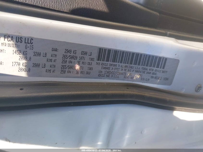 2015 Dodge Durango VIN 1C4RDHDG1FC904478 IAAI salvage auction — SIDE, Salvage Title, sold $1,300 on 2026-07-31 (photo 9)