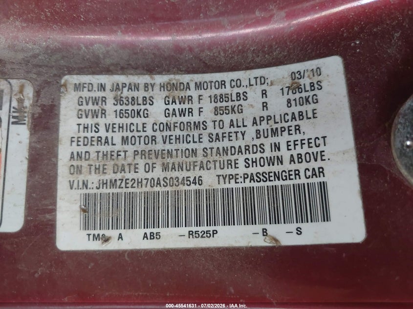 2010 Honda Insight VIN JHMZE2H70AS034546 IAAI salvage auction — FRONT END, Salvage (North Carolina), sold $225 on 2026-07-30 (photo 9)