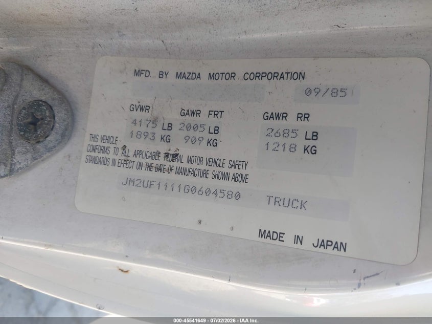 1986 Mazda B2000 VIN JM2UF1111G0604580 IAAI salvage auction — NORMAL WEAR, Clear - Dealer Only (California), sold $175 on 2026-07-28 (photo 9)