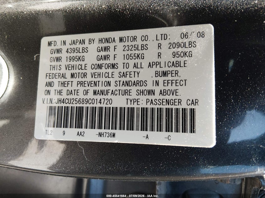2009 Acura Tsx VIN JH4CU25689C014720 IAAI salvage auction — RIGHT FRONT, Nrc Lienholder Repossession Paperwork (Texas), sold $25 on 2026-07-28 (photo 9)