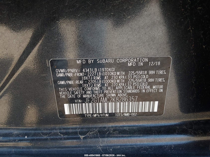 2019 Subaru Xv VIN JF2GTAMC2K8286357 IAAI salvage auction — NORMAL WEAR, Clear (Illinois), sold $4,675 on 2026-07-29 (photo 9)