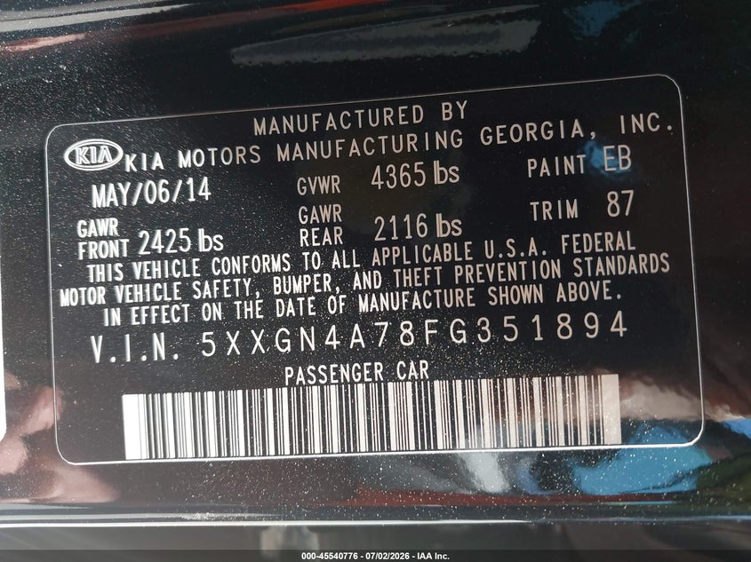 2015 Kia Optima VIN 5XXGN4A78FG351894 IAAI salvage auction — NORMAL WEAR, Clear - Dealer Only (California), sold $450 on 2026-07-14 (photo 9)