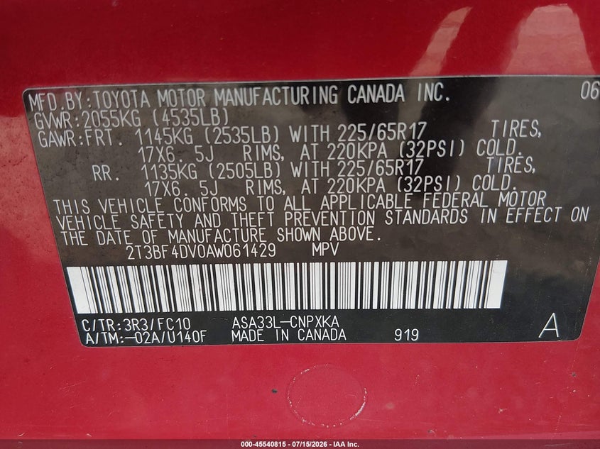 2010 Toyota Rav4 VIN 2T3BF4DV0AW061429 IAAI salvage auction — FRONT END, Original (Ohio), sold $1,500 on 2026-08-19 (photo 9)