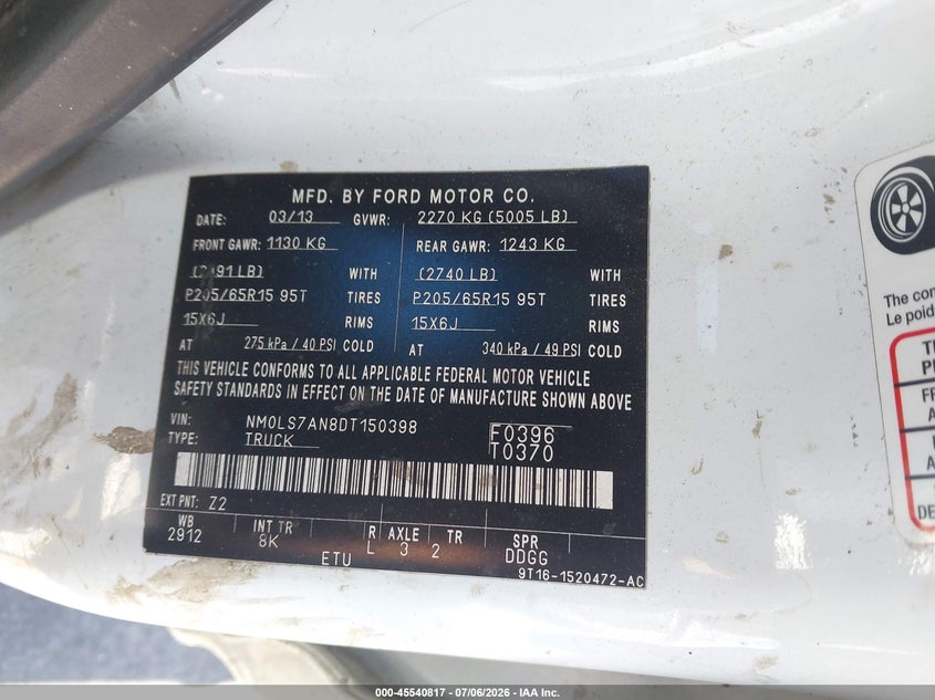 2013 Ford Transit VIN NM0LS7AN8DT150398 IAAI salvage auction — LEFT REAR, Salvage Title, sold $600 on 2026-07-23 (photo 9)
