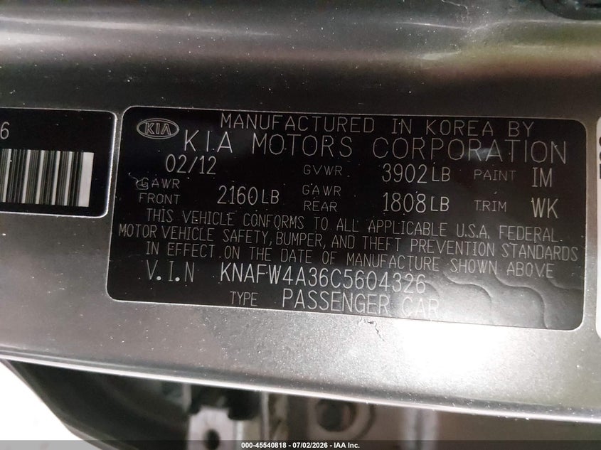 2012 Kia Forte VIN KNAFW4A36C5604326 IAAI salvage auction — SIDE, Salvage (Idaho), sold $1,500 on 2026-07-31 (photo 9)