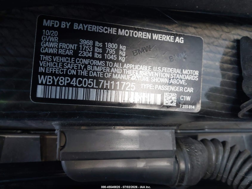 2020 BMW I3 VIN WBY8P4C05L7H11725 IAAI salvage auction — FRONT END, Wait Title, sold $7,400 on 2026-09-04 (photo 9)
