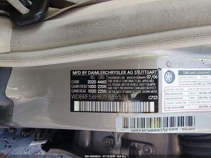 2007 Mercedes-benz C class VIN WDBRF56H87F856538 IAAI salvage auction — NORMAL WEAR, Repossession Paperwork (South Carolina), sold $400 on 2026-08-17 (photo 9)