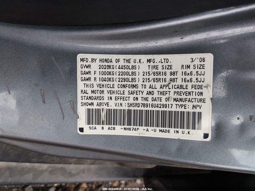 2006 Honda Cr-v VIN SHSRD78916U429917 IAAI salvage auction — FRONT END, Bill Of Sale (New York), sold $25 on 2026-07-28 (photo 9)