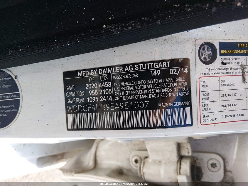 2014 Mercedes-benz C-klasse VIN WDDGF4HB9EA951007 IAAI salvage auction — ENGINE DAMAGE, Non-Repairable (Tennessee), sold $175 on 2026-08-04 (photo 9)