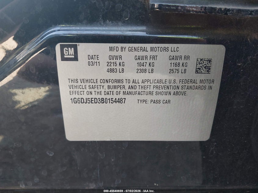 2011 Cadillac Cts VIN 1G6DJ5ED3B0154487 IAAI salvage auction — FRONT END, Salvage (Tennessee), sold $1,500 on 2026-07-19 (photo 9)