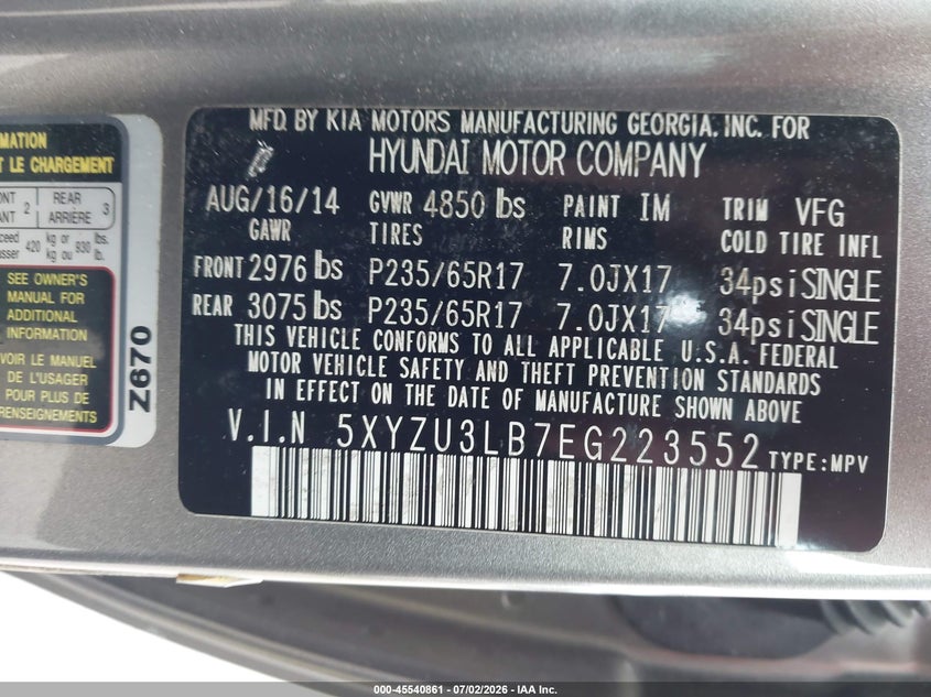 2014 Hyundai Santa fe VIN 5XYZU3LB7EG223552 IAAI salvage auction — LEFT SIDE, Bill Of Sale (Washington), sold $1,575 on 2026-07-29 (photo 9)