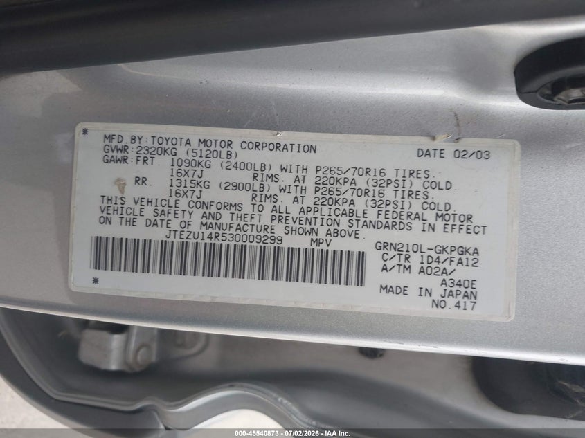 2003 Toyota 4runner VIN JTEZU14R530009299 IAAI salvage auction — NORMAL WEAR, Clear - Dealer Only (California), sold $2,050 on 2026-07-28 (photo 9)