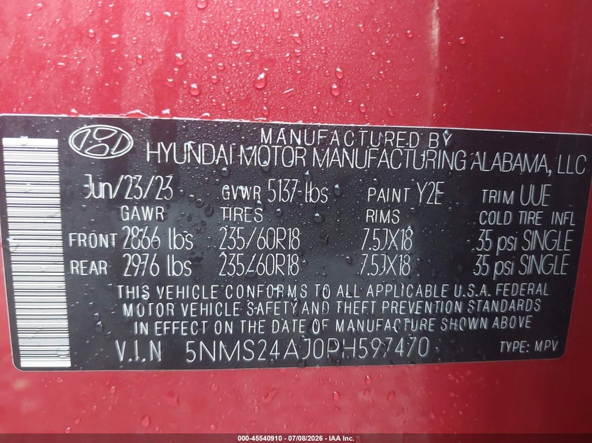 2023 Hyundai Santa fe VIN 5NMS24AJ0PH597470 IAAI salvage auction — NORMAL WEAR, Clear (Alabama), sold $16,200 on 2026-07-29 (photo 9)