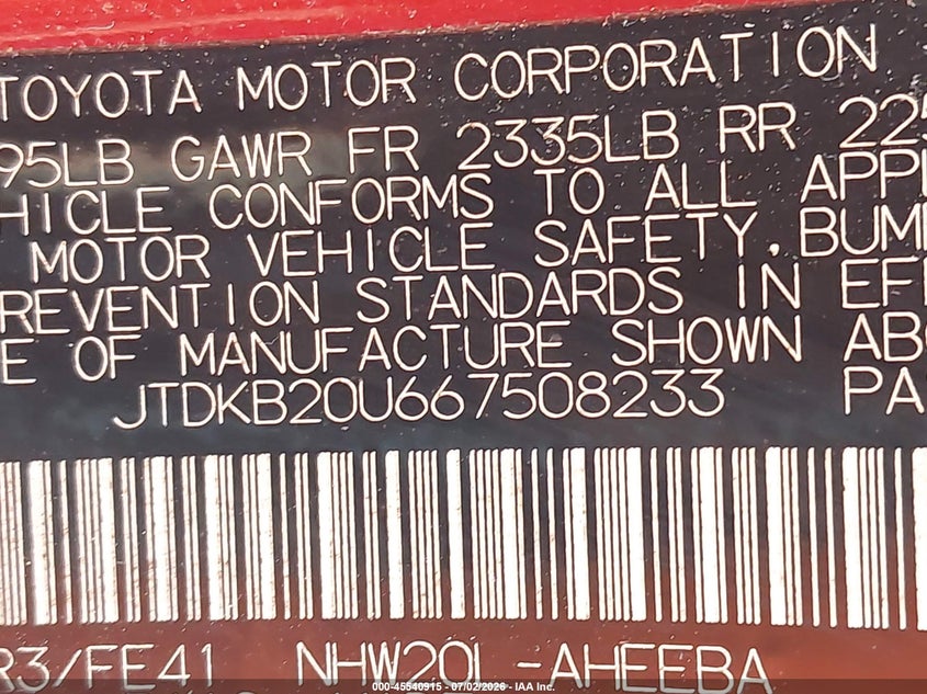 2006 Toyota Prius VIN JTDKB20U667508233 IAAI salvage auction — FRONT END, Clear (Virginia), sold $25 on 2026-07-21 (photo 9)
