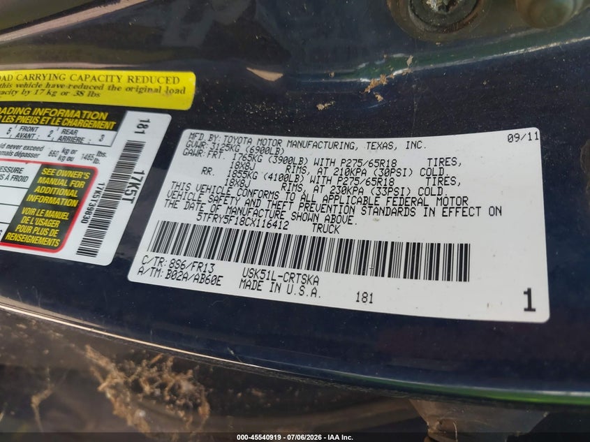 2012 Toyota Tundra VIN 5TFRY5F18CX116412 IAAI salvage auction — NORMAL WEAR, Original (Texas), sold $3,700 on 2026-07-09 (photo 9)