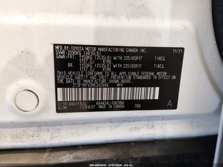 2021 Toyota Rav 4 VIN 2T3F1RFV2MC245948 IAAI salvage auction — SIDE, Salvage Title, sold $9,200 on 2026-10-12 (photo 9)