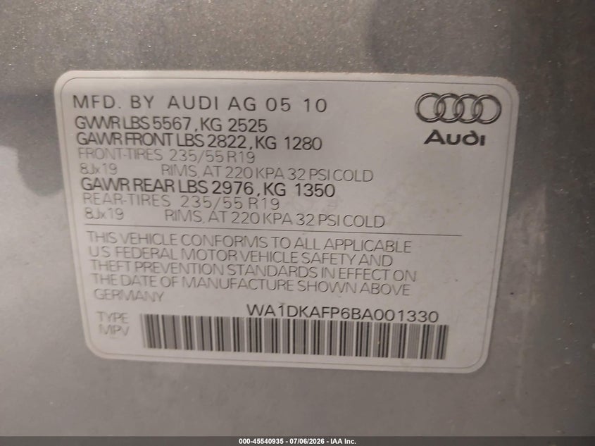 2011 Audi Q5 VIN WA1DKAFP6BA001330 IAAI salvage auction — NORMAL WEAR, Clear (Utah), sold $100 on 2026-07-29 (photo 9)