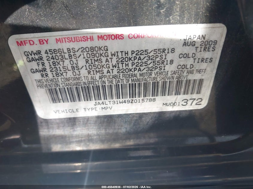 2009 Mitsubishi Outlander VIN JA4LT31W49Z015788 IAAI salvage auction — FRONT END, Salvage (Massachusetts), sold $400 on 2026-07-31 (photo 9)