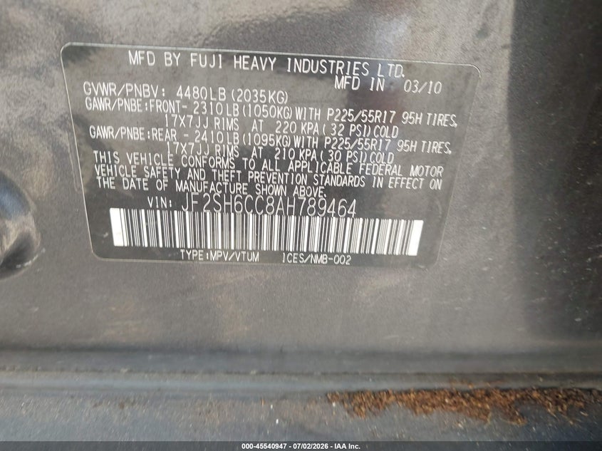 2010 Subaru Forester VIN JF2SH6CC8AH789464 IAAI salvage auction — NORMAL WEAR, Original (Texas), sold $300 on 2026-07-28 (photo 9)