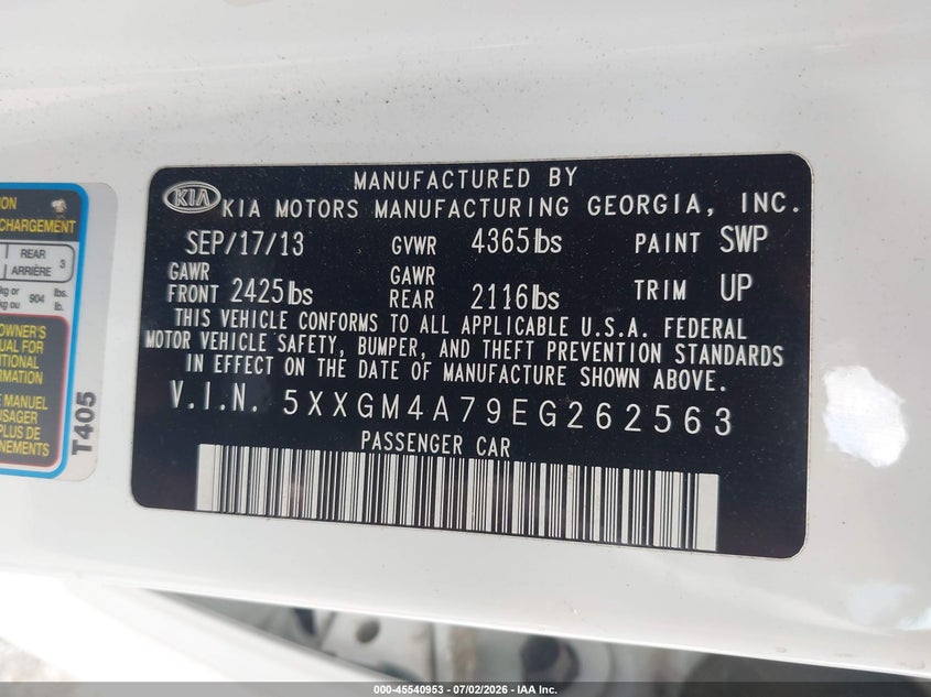 2014 Kia Optima VIN 5XXGM4A79EG262563 IAAI salvage auction — NORMAL WEAR, Original (Texas), sold $2,575 on 2026-07-15 (photo 9)