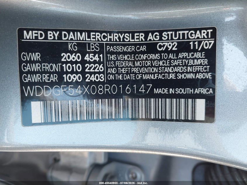 2008 Mercedes-benz C class VIN WDDGF54X08R016147 IAAI salvage auction — NORMAL WEAR, Original (Texas), sold $500 on 2026-07-09 (photo 9)