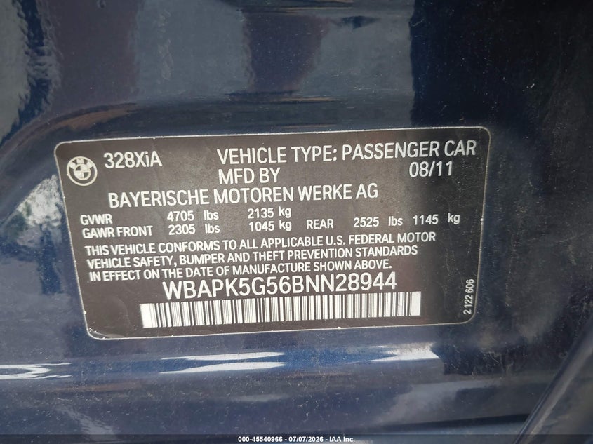 2011 BMW 3 series VIN WBAPK5G56BNN28944 IAAI salvage auction — FRONT END, Mv-907A (New York), sold $425 on 2026-07-14 (photo 9)
