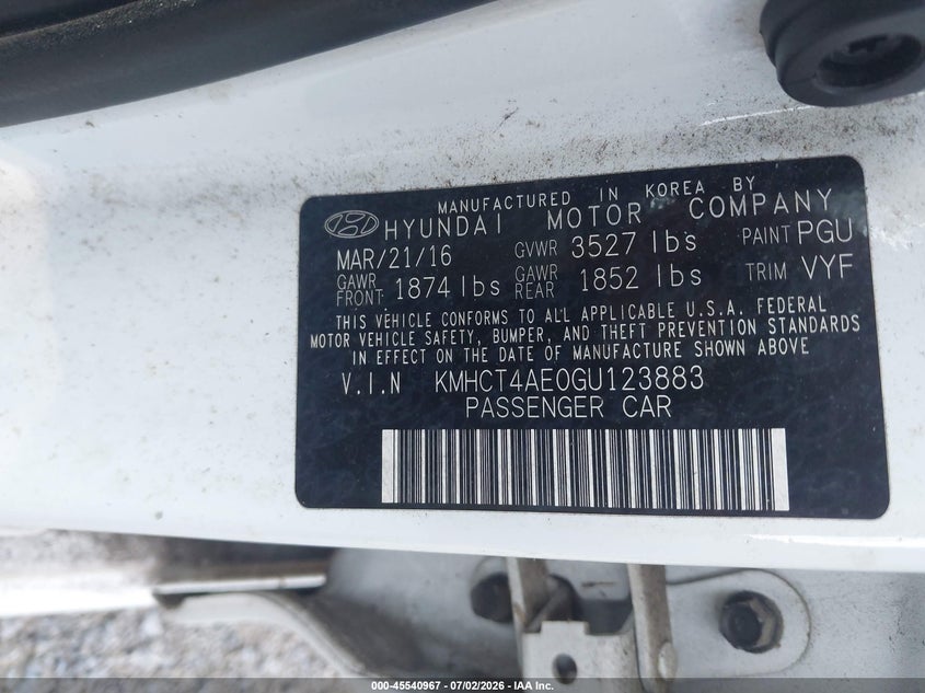 2016 Hyundai Accent VIN KMHCT4AE0GU123883 IAAI salvage auction — NORMAL WEAR, Clear (Georgia), sold $275 on 2026-07-28 (photo 9)
