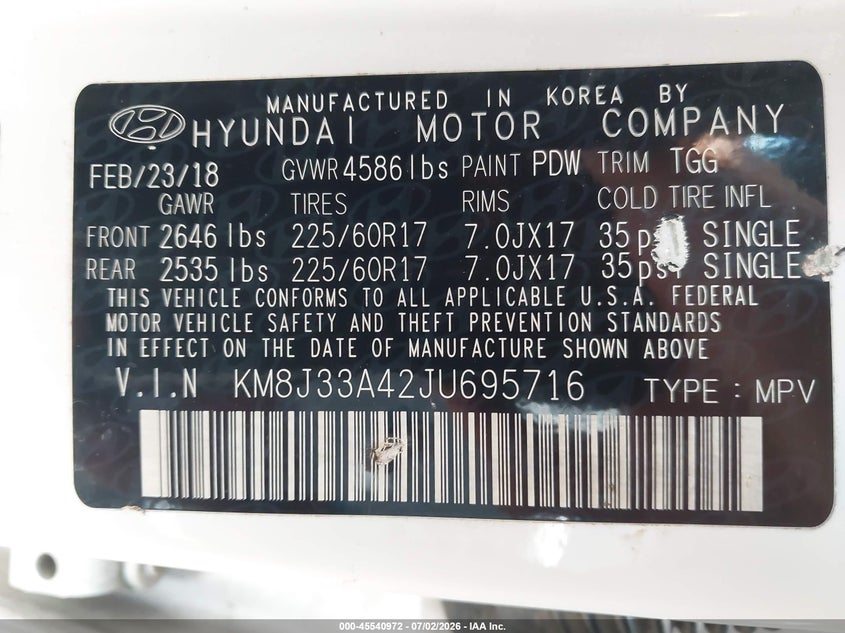 2018 Hyundai Tucson VIN KM8J33A42JU695716 IAAI salvage auction — NORMAL WEAR, Original (Texas), sold $5,350 on 2026-07-14 (photo 9)