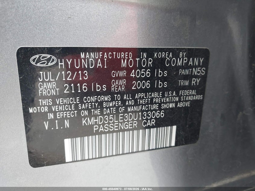 2013 Hyundai Elantra VIN KMHD35LE3DU133066 IAAI salvage auction — NORMAL WEAR, Clear (Washington), sold $475 on 2026-07-15 (photo 9)