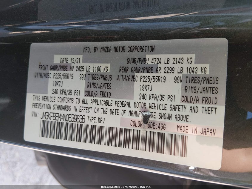 2022 Mazda Cx-5 VIN JM3KFBEMXN0539836 IAAI salvage auction — FRONT END, Salvage (Nebraska), sold $7,500 on 2026-08-22 (photo 9)